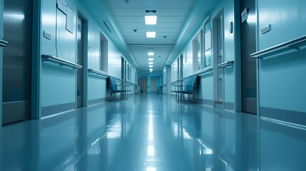 Empty hospital corridor with blue walls and shiny floor, two chairs.