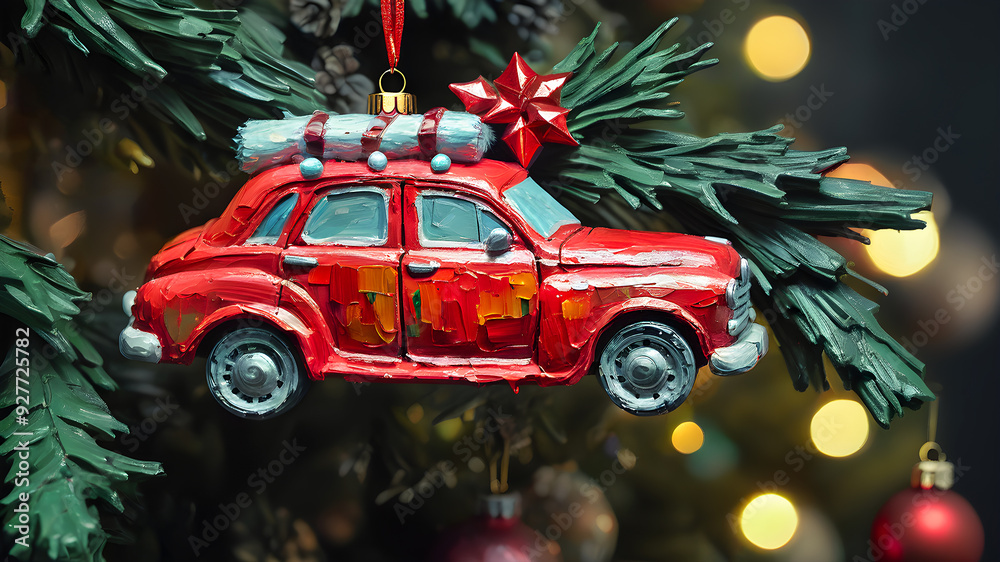 Wall mural a red new year's toy car hangs on a branch of the new year's tree. christmas holiday concept.oil ill