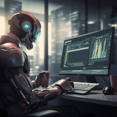 A robot wearing a futuristic helmet sits at a desk, looking at a computer screen filled with data.