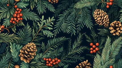 Fototapeta premium Vintage seamless pattern with engraving: conifers, ferns and berries.