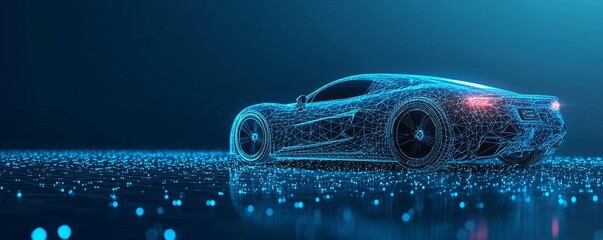 Futuristic wireframe car with digital lights on a glowing background