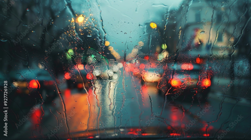 Wall mural Photo of rainy street through car window appears blurred