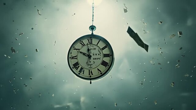 A clock hovers in mid-air, surrounded by swirling clouds and fragments drifting into the void, with ambient light creating a dreamlike atmosphere that enhances the sense of timelessness and decay