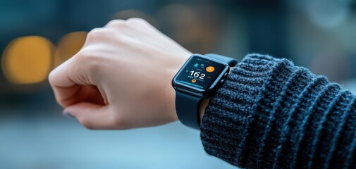 Modern smartwatch on wrist displaying time and weather, perfect for tech enthusiasts and fitness lovers in urban settings.