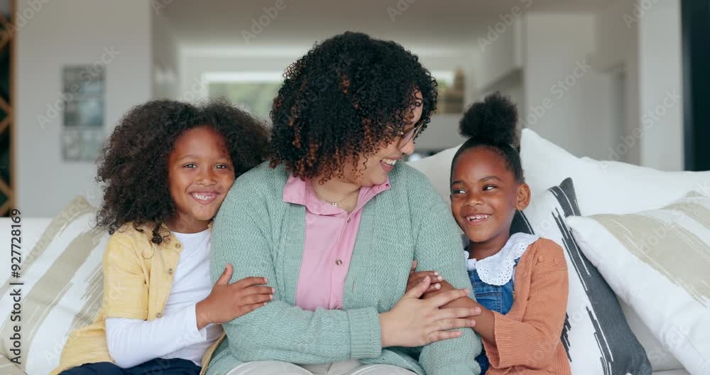 Sticker Mother, children and face smile on sofa in home for daughter development, connection or love. Black family, siblings girls and portrait in happy relax mom or safe parent for hug, care or kid support