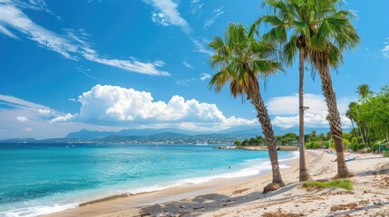 A stunning beach scene with crystal-clear water and swaying palm trees.