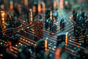 A stylized city skyline with glowing lights and abstract structures, evoking a sense of urban energy and modernity, Complex network structures resembling a digital cityscape, AI generated