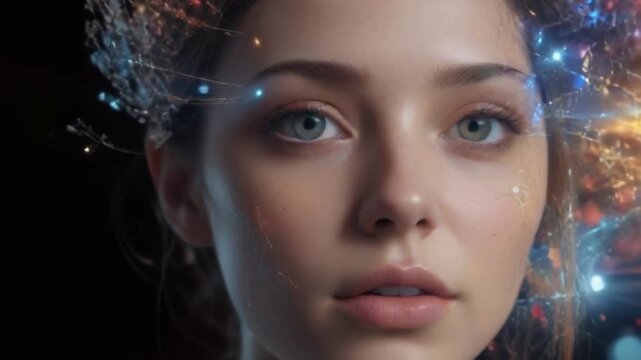 AI concept: robot portrait with female human face and visible data streams