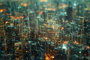 An artistic representation of a city at night, showcasing bright lights and abstract buildings in a captivating arrangement, Complex network structures resembling a digital cityscape, AI generated