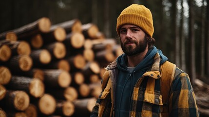 Obraz premium Lumberjack. standing in front of wood pile in forest. Logger man
