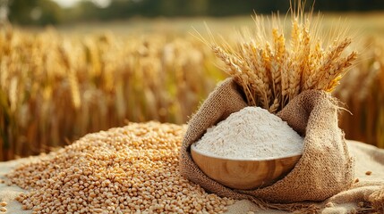 Grain in a burlap bag and wheat flour in a bowl on a table with a background of ripe cereal fields