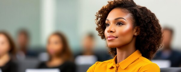 A confident woman listening attentively in a professional setting, showcasing engagement and focus during a presentation.