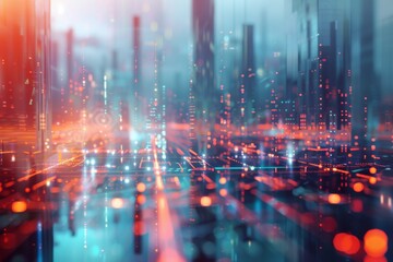 Obraz premium A colorful abstract depiction of a cityscape, highlighting illuminated buildings and a lively interplay of lights, Complex network structures resembling a digital cityscape, AI generated