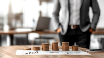 A professional setting featuring stacked coins and a growth chart, symbolizing financial investment and business success.