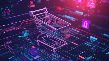 E-commerce background transitioning from blue to transactional silver, featuring pixelated shopping cart motifs