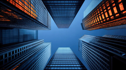 A stunning view of skyscrapers from below, showcasing modern architecture against a vibrant blue sky.