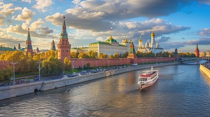 Obraz premium A peaceful scene of a boat sailing down the Moskva River.