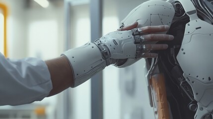 A healthcare worker gently examines a robotic patient designed for medical training in a high-tech facility