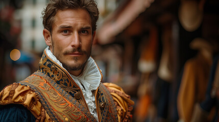 Portrait of Luxembourg Handsome Man in Traditional Dress with Confidence, Showcasing Cultural Heritage in Urban City Background, Elegant and Timeless Style in Vibrant European City