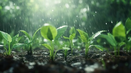 save the green planet, small plants growing from dirt, soft rain coming down.