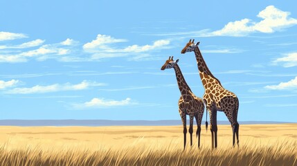 Obraz premium A pair of giraffes standing under a blue sky, with an expansive savanna background for inserting text.