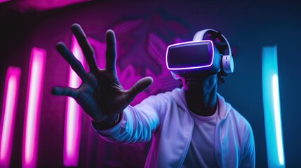 Man in VR headset reaches out with his hand