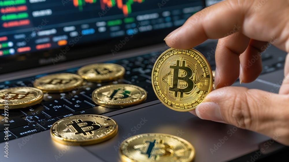 Poster hand holds bitcoin coin with more coins on keyboard of laptop