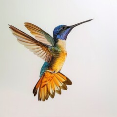 Obraz premium A Vibrant Hummingbird with Blue, Green, and Yellow Feathers in Flight Against a White Background.