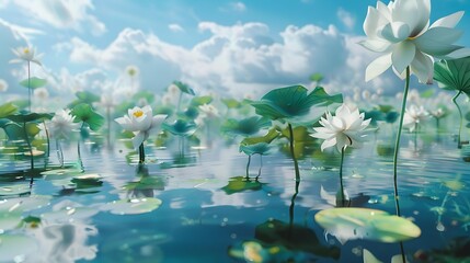Lotuses delicate surrounded by water surface reflecting
