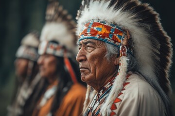 Obraz premium Elder Native American Chief in Traditional Headdress with Tribal Members in Background