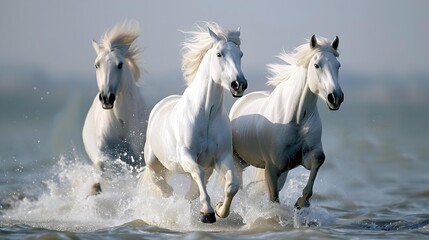 Fototapeta premium Snow-white camargue horses gracefully galloping through the shallow
