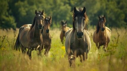 Fototapeta premium Konik polish horses with their compact bodies