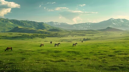Fototapeta premium A green meadow surrounded by hills