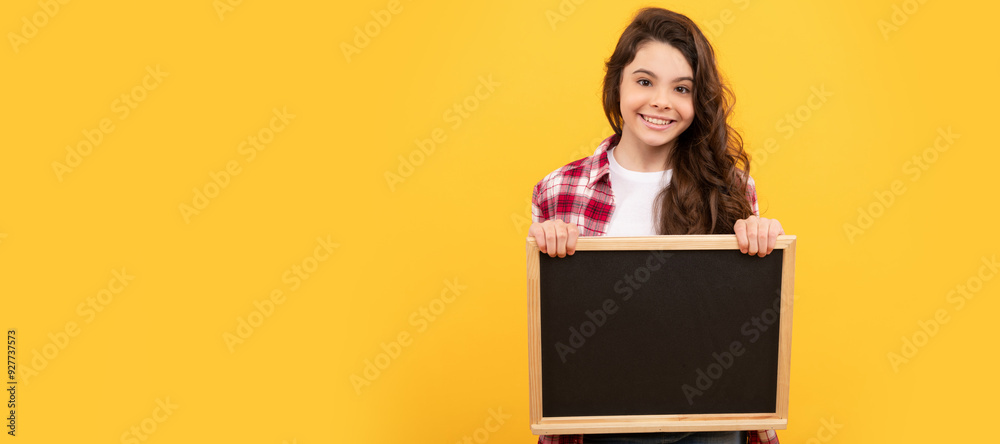 Poster back to school. kid presenting novelty information. childhood education. copy space for announcement