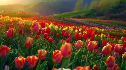 Spring flower meadows covered with bright tulips