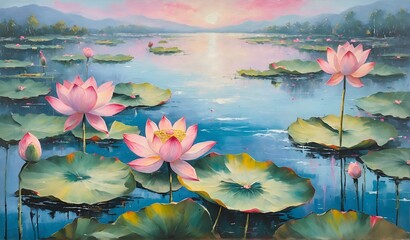Pink waterlily or lotus flower in pond.