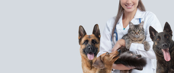 Smiling veterinarian and happy pets