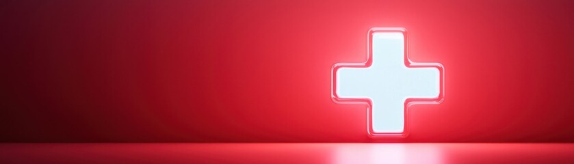 Obraz premium Illuminated red cross symbol representing health, emergency, and medical services in a modern design setting.
