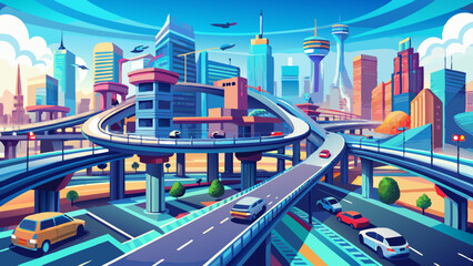 complex city street highway brige interchage with manny vihecle bridges for trafic solutions and smart automation of city infrastructure as wide banner design with hud futuricstic, Generative 