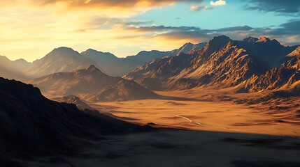 A Golden Desert Valley Surrounded by Majestic Mountains at Sunset