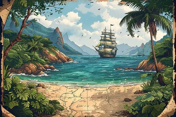 A painting of a ship sailing in the ocean with palm trees in the background