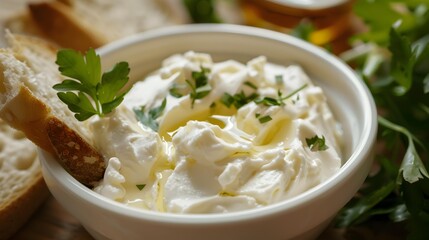 Mascarpone in a white bowl served with slices