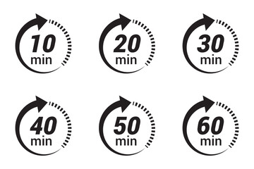Minute timer icons, vector set. 10, 20, 30, 40, 50, 60 Minute timer icons set.  Countdown timer symbol, vector, icon set. Timer, clock, stopwatch set, vector, silhouette icons. Vector illustration.