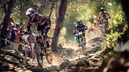 Mountain biking on steep trails where cyclists overcome