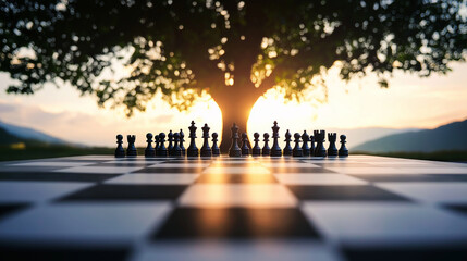 A large tree casts its shadow over a chessboard, with pieces arranged to symbolize the strategic steps needed to safeguard the environment and promote sustainable practices