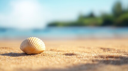 A close-up view of a beautiful seashell resting on golden sand, with a serene beach and clear blue water in the background.
