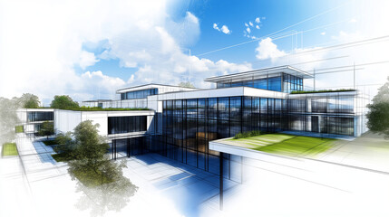 Obraz premium An architectural sketch of a modern building with green roofs and large windows, designed to maximize natural light and energy efficiency