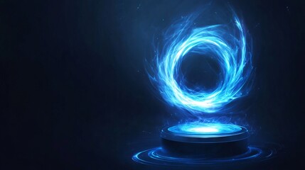 Portal light effect on a dark background. Light bright blue swirl. Bright light round teleport podium. 