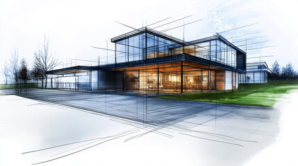 A green building concept sketch highlighting energy-efficient design, including triple-glazed windows, natural insulation, and sustainable building materials