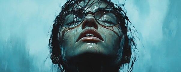 Close-up portrait of a woman with wet hair and glasses, looking up with a serious expression.